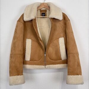 Gap Womens Western Ranch Jacket Sz Medium Faux Suede Sherpa-Trim Full Zip Boxy